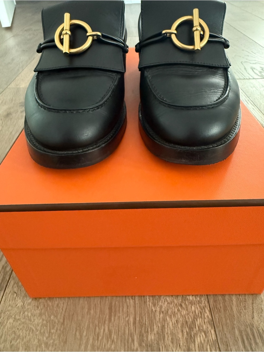 Hermes Impact Leather Loafers in Black with Gold Hardware - Picture 7 of 10
